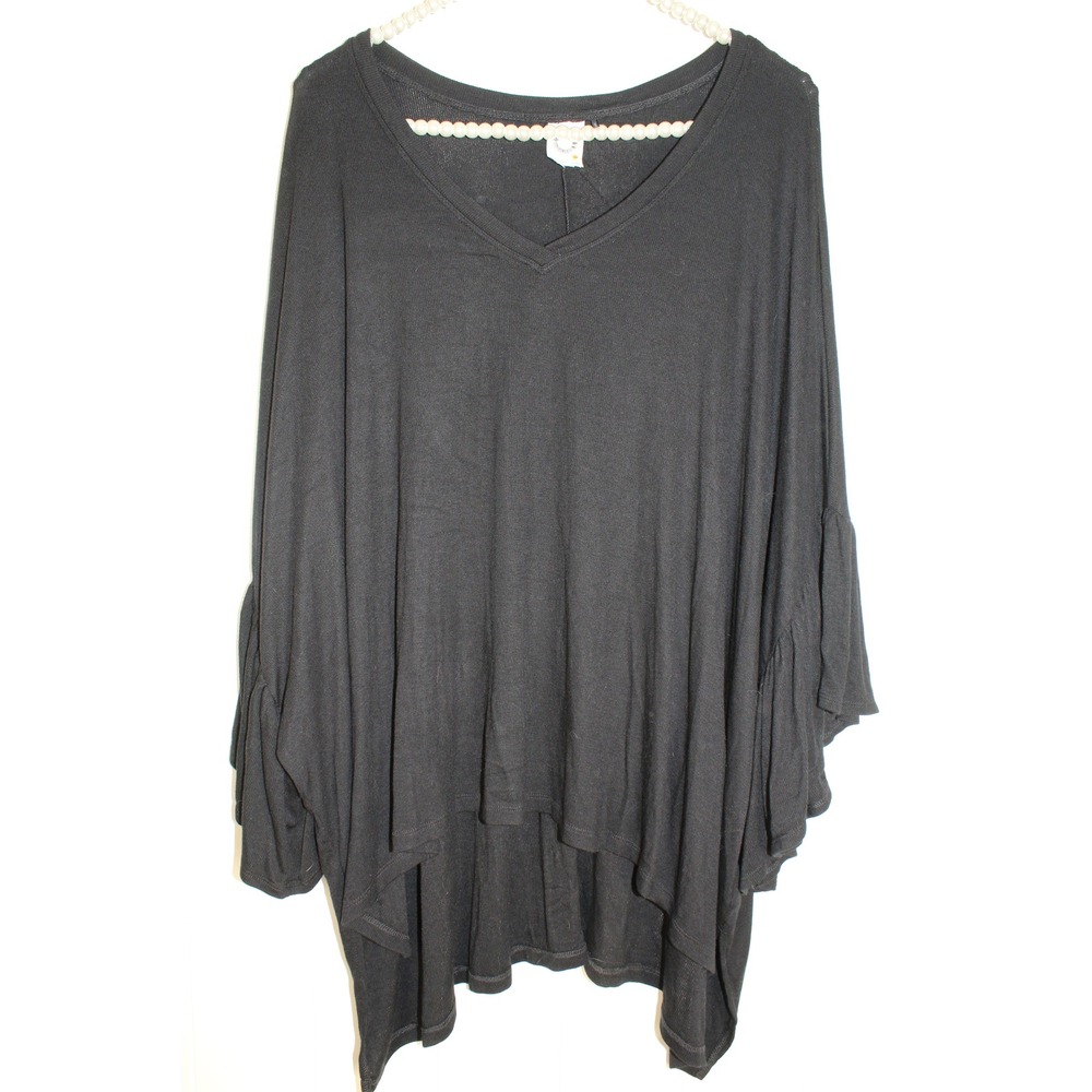 Akemi & Kim Anthropologie Black Ribbed Oversized Black V Neck Top Ruffle Sleeves - Picture 5 of 10